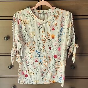 Floral Print Blouse with Tie Sleeves